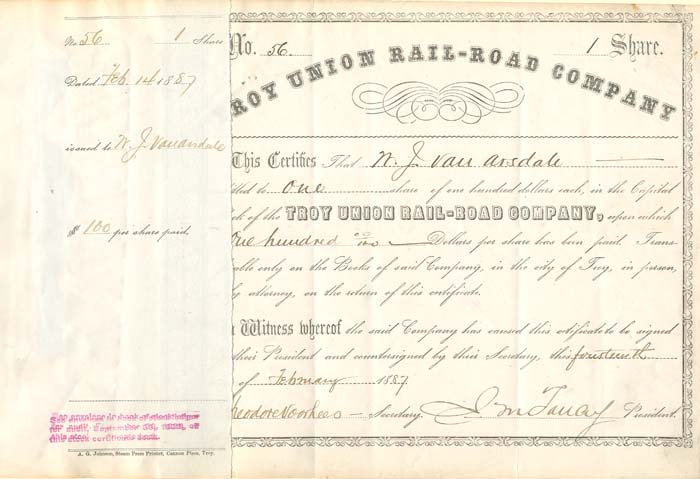 Troy Union Rail-Road Co. - Stock Certificate